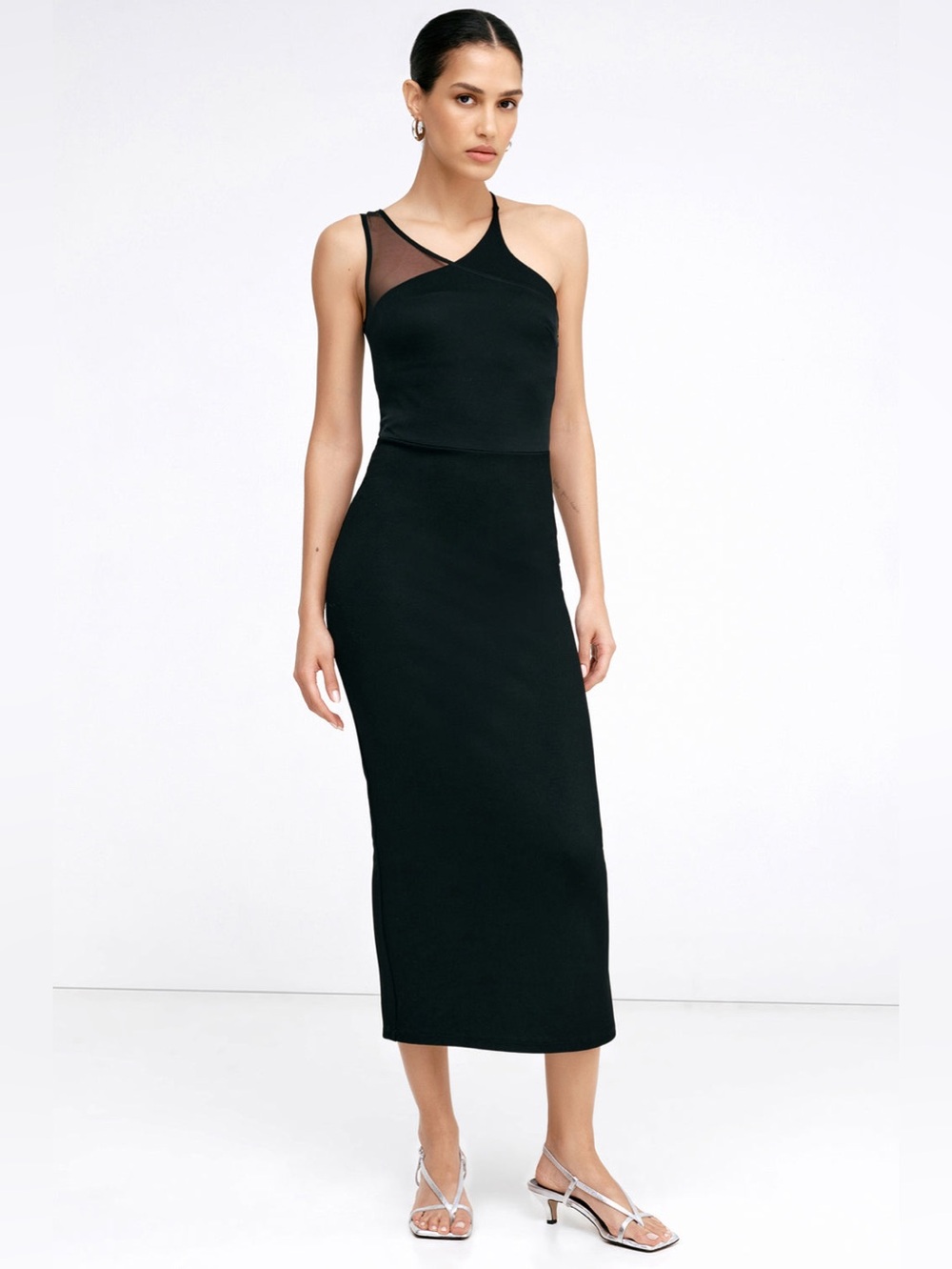 Marcella Vivica Black One-Shoulder Mesh Insert Midi Dress - Picture 2 of 9